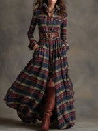Women's Retro Ethnic Plaid Cowgirl Long Dress Lapel Belted Long Sleeve Casual Relaxed – Reddish Brown