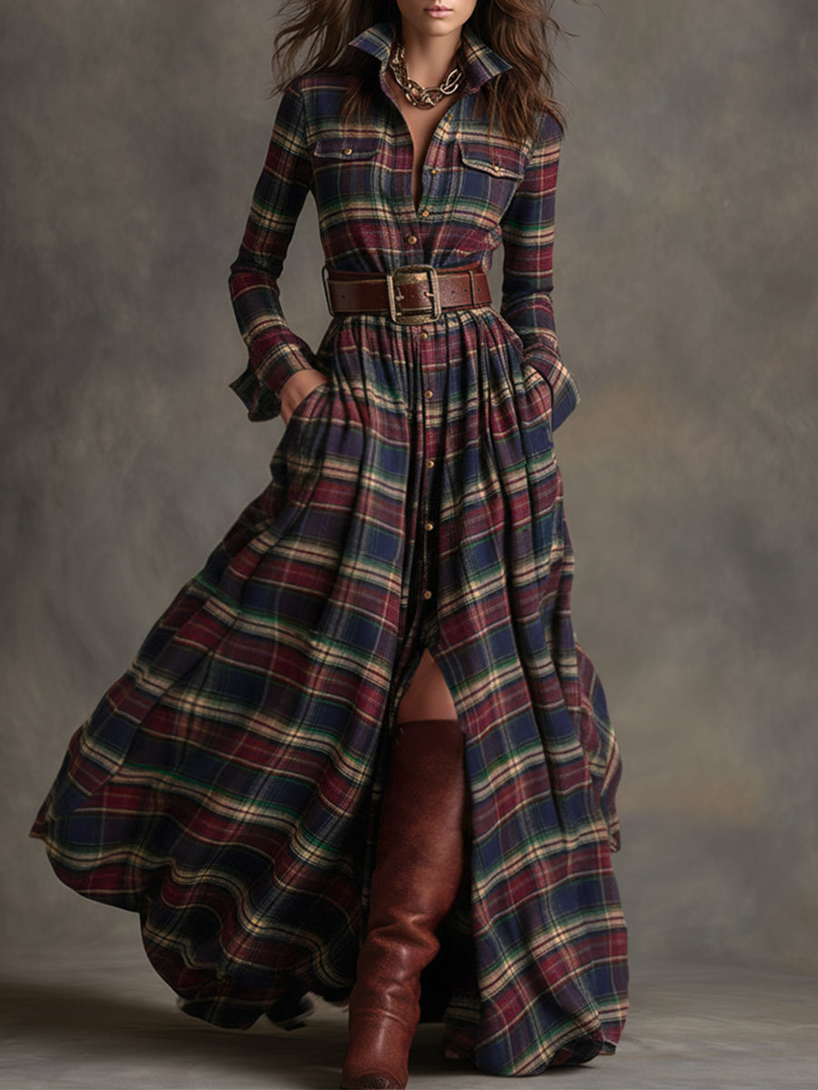 Women's Retro Ethnic Plaid Cowgirl Long Dress Lapel Belted Long Sleeve Casual Relaxed – Reddish Brown