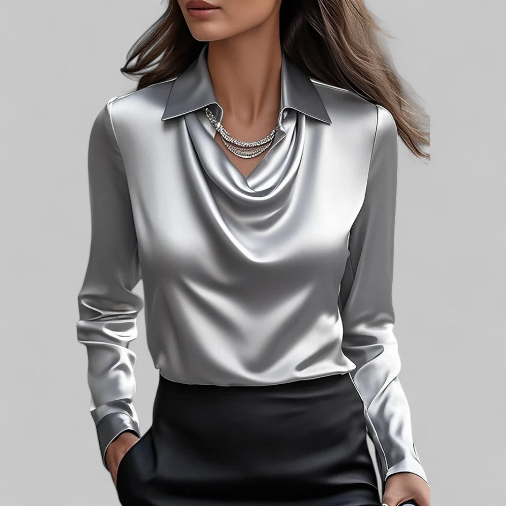 Women's Satin Draped Cowl Neck Long Sleeve Blouse Office Evening Elegant Silky Formal – Rose