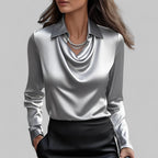Women's Satin Draped Cowl Neck Long Sleeve Blouse Office Evening Elegant Silky Formal – Rose