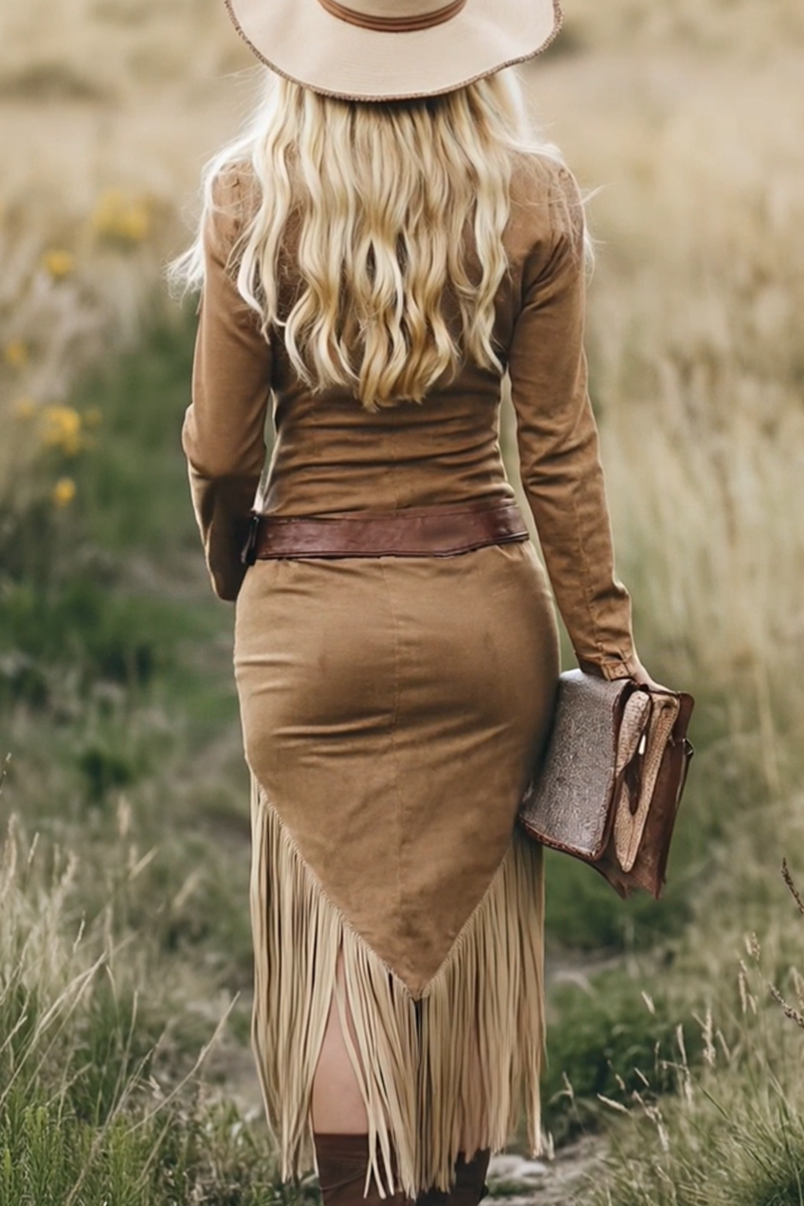 Women's Retro Western Cowgirl Midi Dress Lapel Zipper Tassel Detail Casual Vintage – Camel