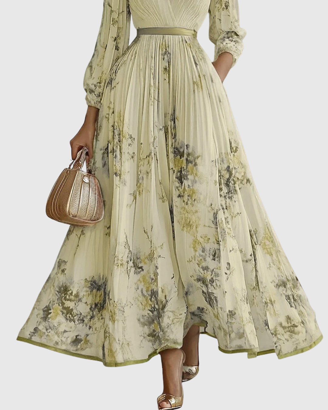 Women's Elegant Pleated Floral Long Dress V-Neck Long Sleeve Ribbon Waist Formal Casual – Rowella