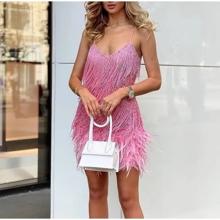 Pink Feather Sequin Mini Elegant Dress Spaghetti Straps Glam Cocktail Night Out Party Dress