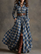 Women's Retro Ethnic Plaid Cowgirl Long Dress Lapel Belted Long Sleeve Casual Relaxed – Reddish Brown