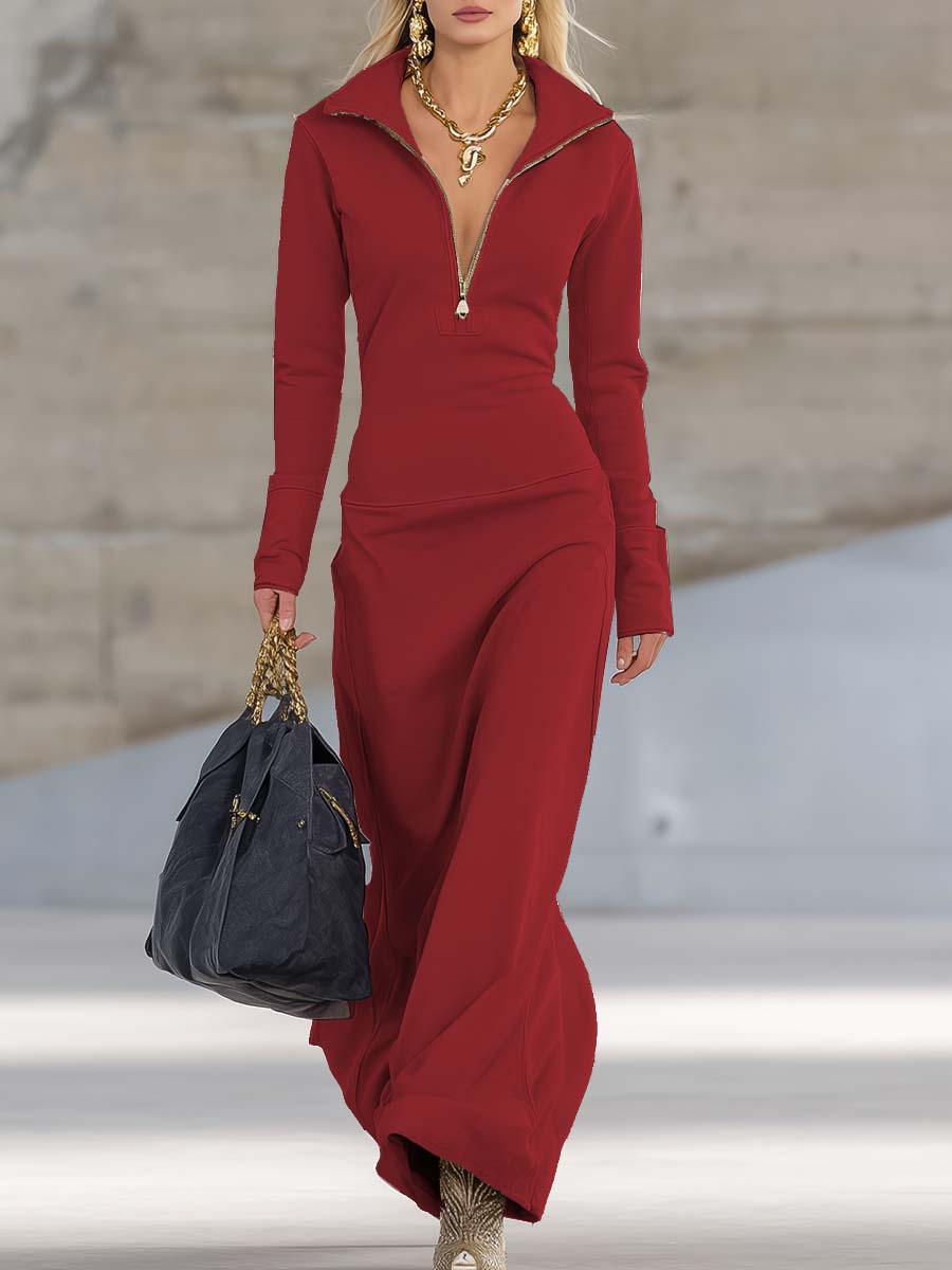 Women's Sporty V-Neck Zip Long Dress Long Sleeve Fitted Casual Formal Party Cowgirl Elegant