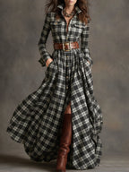 Women's Retro Ethnic Plaid Cowgirl Long Dress Lapel Belted Long Sleeve Casual Relaxed – Reddish Brown