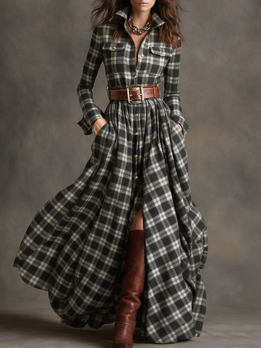 Women's Retro Ethnic Plaid Cowgirl Long Dress Lapel Belted Long Sleeve Casual Relaxed – Reddish Brown