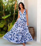 Women's V-Neck Lace-Up Floral Printed One-Piece Swimsuit & Long Skirt Set Tie Shoulder Beach Vacation Resort Pool Party Cruise Honeymoon – Blue & White