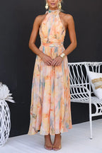 Women's Elegant Watercolour Halter Neck Long Dress Chiffon Floral Formal Wedding Guest Party Dress – Sandra Peach