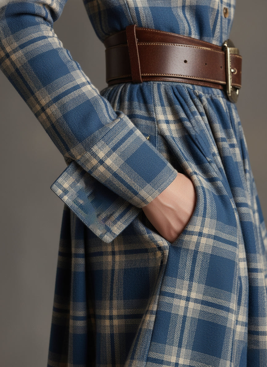 Women's Retro Ethnic Plaid Cowgirl Long Dress Lapel Belted Long Sleeve Casual Relaxed – Reddish Brown