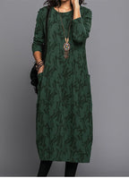 Women's Long Sleeve Midi Dress With Pockets Casual Summer Print Comfortable Everyday Relaxed Fit