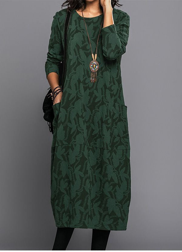 Women's Long Sleeve Midi Dress With Pockets Casual Summer Print Comfortable Everyday Relaxed Fit