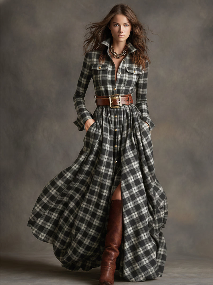 Women's Retro Ethnic Plaid Cowgirl Long Dress Lapel Belted Long Sleeve Casual Relaxed – Reddish Brown