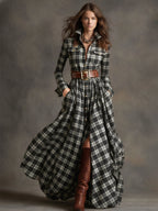 Women's Retro Ethnic Plaid Cowgirl Long Dress Lapel Belted Long Sleeve Casual Relaxed – Reddish Brown