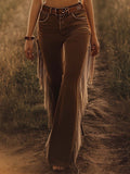 Women's Vintage Western Flared Jeans Fringe Tassel Loose Fit Casual Retro Denim – Brown