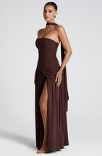 Women's Elegant Strapless Maxi Dress Fitted Slit Formal Party Wedding Guest Sophisticated – Mya