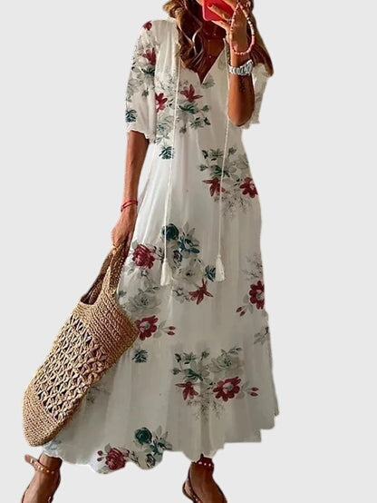 Women's Boho Vintage Summer Midi Dress Floral Print Short Sleeve Casual Feminine Chic – Amalia