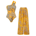 Women's One-Shoulder Floral Printed One-Piece Swimsuit & Long Skirt Set Beach Vacation Pool Party Resort Tropical Summer – Yellow