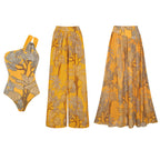 Women's One-Shoulder Floral Printed One-Piece Swimsuit & Long Skirt Set Beach Vacation Pool Party Resort Tropical Summer – Yellow
