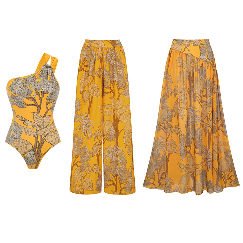 Women's One-Shoulder Floral Printed One-Piece Swimsuit & Long Skirt Set Beach Vacation Pool Party Resort Tropical Summer – Yellow