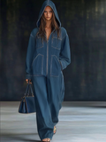Women's Casual Loose Retro Denim Jumpsuit Hooded Zipper Sleeve Pocket Vintage – Blue