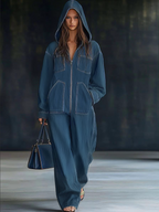 Women's Casual Loose Retro Denim Jumpsuit Hooded Zipper Sleeve Pocket Vintage – Blue