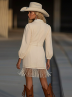 Women's Retro High-End Denim Short Dress Tassel Splicing Belted Relaxed Fit Casual Party Cowgirl