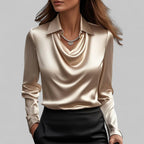 Women's Satin Draped Cowl Neck Long Sleeve Blouse Office Evening Elegant Silky Formal – Rose