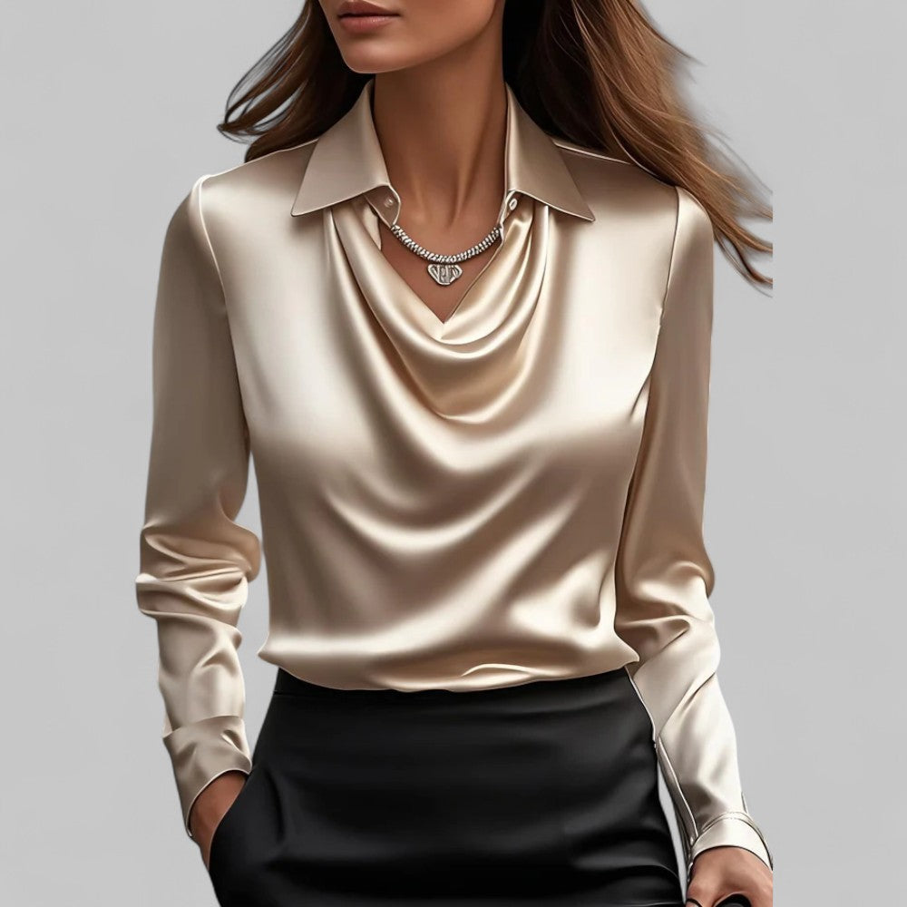 Women's Satin Draped Cowl Neck Long Sleeve Blouse Office Evening Elegant Silky Formal – Rose