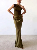 Women's One Shoulder Pleated Satin Long Dress Elegant Formal Wedding Guest Party Evening – Anita