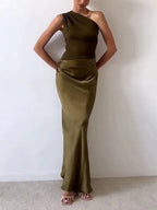 Women's One Shoulder Pleated Satin Long Dress Elegant Formal Wedding Guest Party Evening – Anita