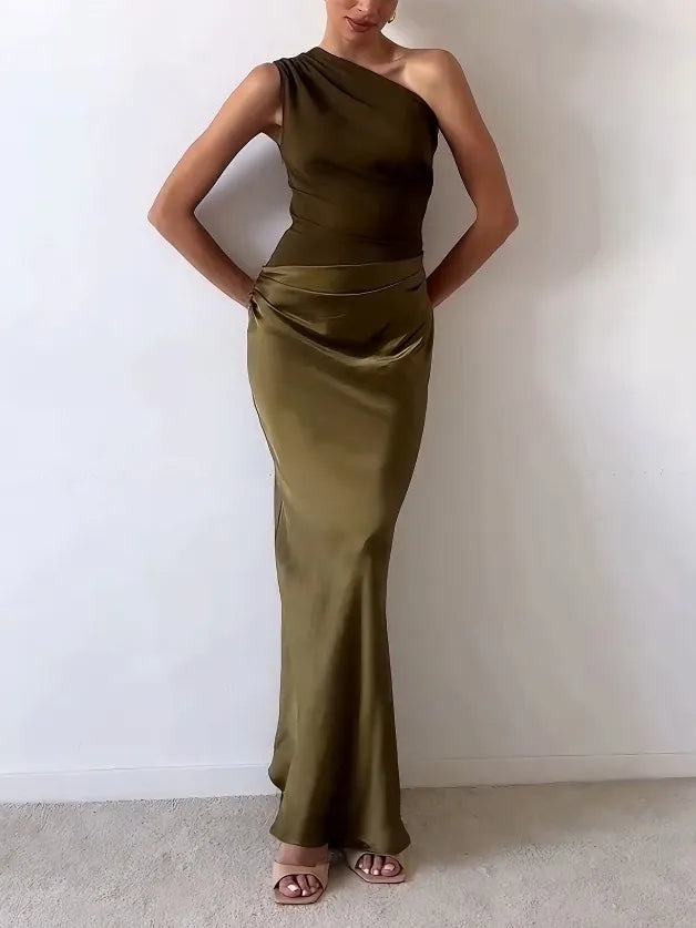 Women's One Shoulder Pleated Satin Long Dress Elegant Formal Wedding Guest Party Evening – Anita