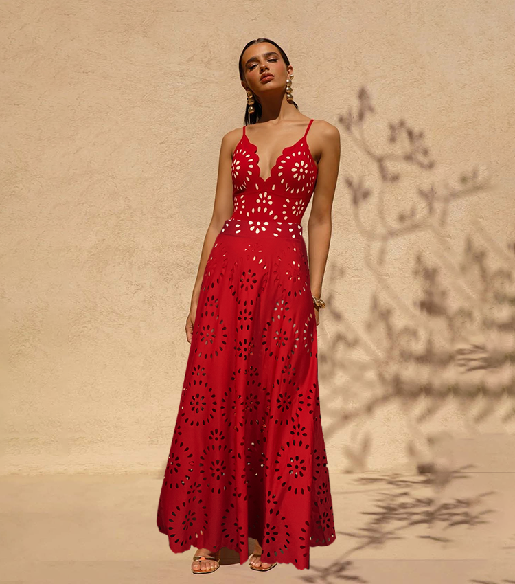 Women's Floral Hollow-Out One-Piece Swimsuit & Long Skirt Set V-Neck Beach Vacation Pool Party Summer Resort – Red