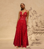 Women's Floral Hollow-Out One-Piece Swimsuit & Long Skirt Set V-Neck Beach Vacation Pool Party Summer Resort – Red