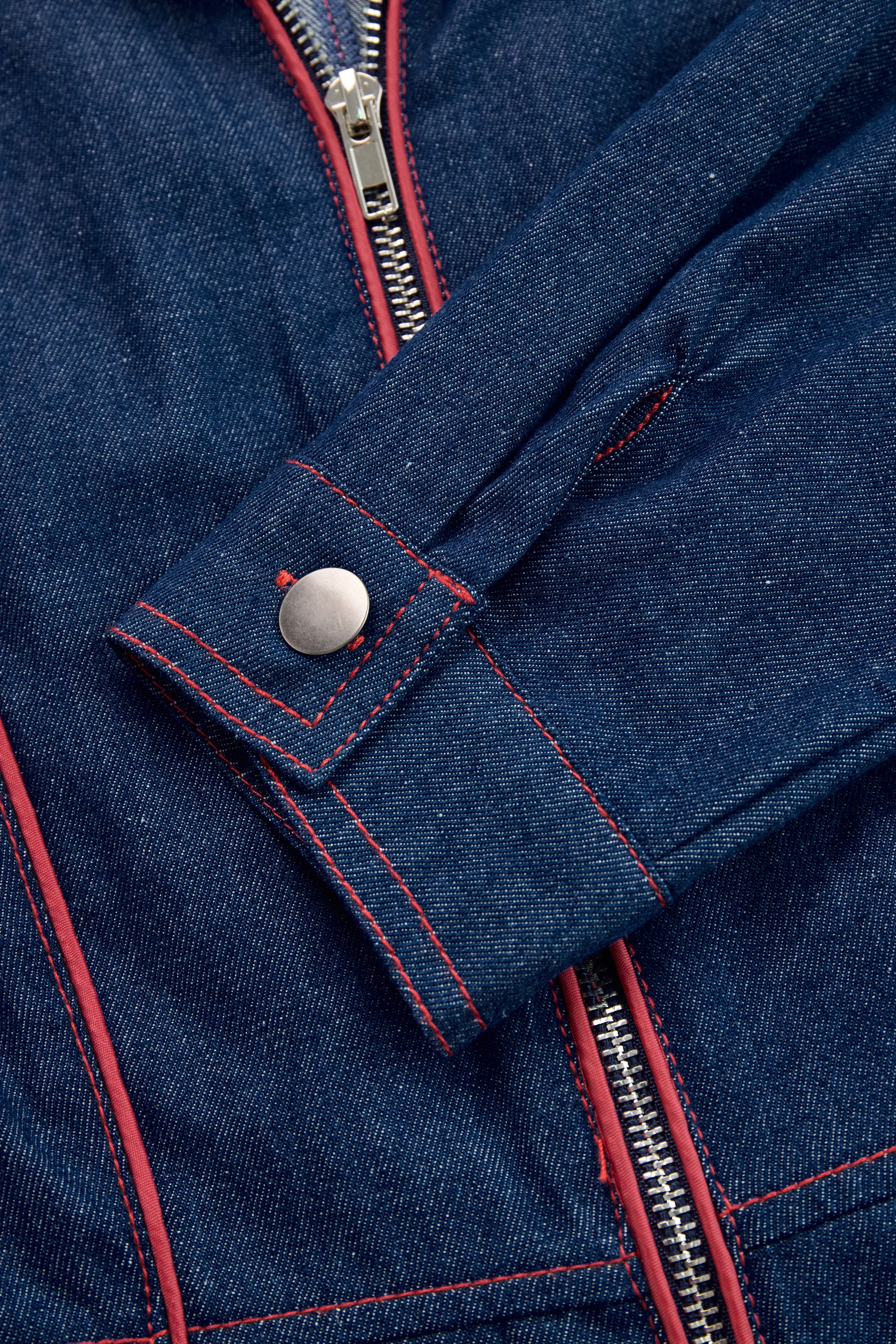 Women's Casual Loose Retro Denim Jumpsuit Lapel Red Topstitching Wide-Leg Sleeve Pocket – Blue