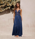 Women's Laser Cut Flower Hollow One-Piece Swimsuit with Cover Up Skirt V-Neck Elegant Beach Summer Swimwear – Navy Blue