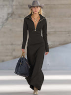 Women's Sporty V-Neck Zip Long Dress Long Sleeve Fitted Casual Formal Party Cowgirl Elegant