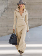 Women's Sporty V-Neck Zip Long Dress Long Sleeve Fitted Casual Formal Party Cowgirl Elegant