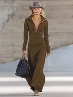 Women's Sporty V-Neck Zip Long Dress Long Sleeve Fitted Casual Formal Party Cowgirl Elegant