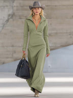 Women's Sporty V-Neck Zip Long Dress Long Sleeve Fitted Casual Formal Party Cowgirl Elegant
