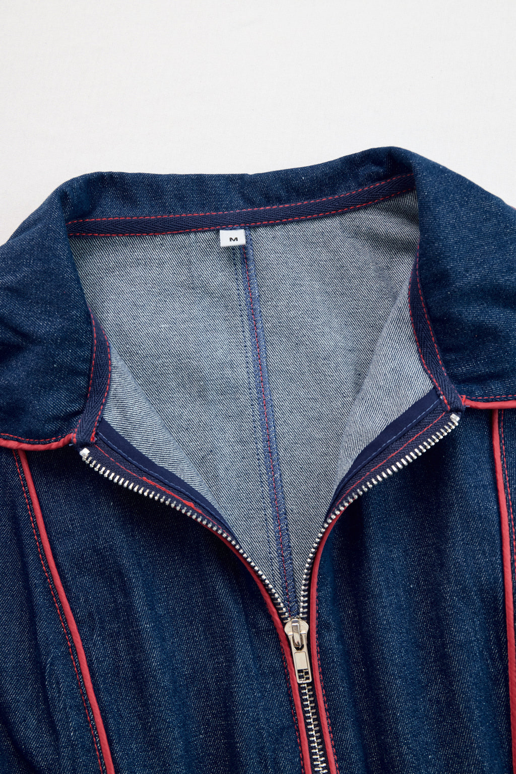 Women's Casual Loose Retro Denim Jumpsuit Lapel Red Topstitching Wide-Leg Sleeve Pocket – Blue