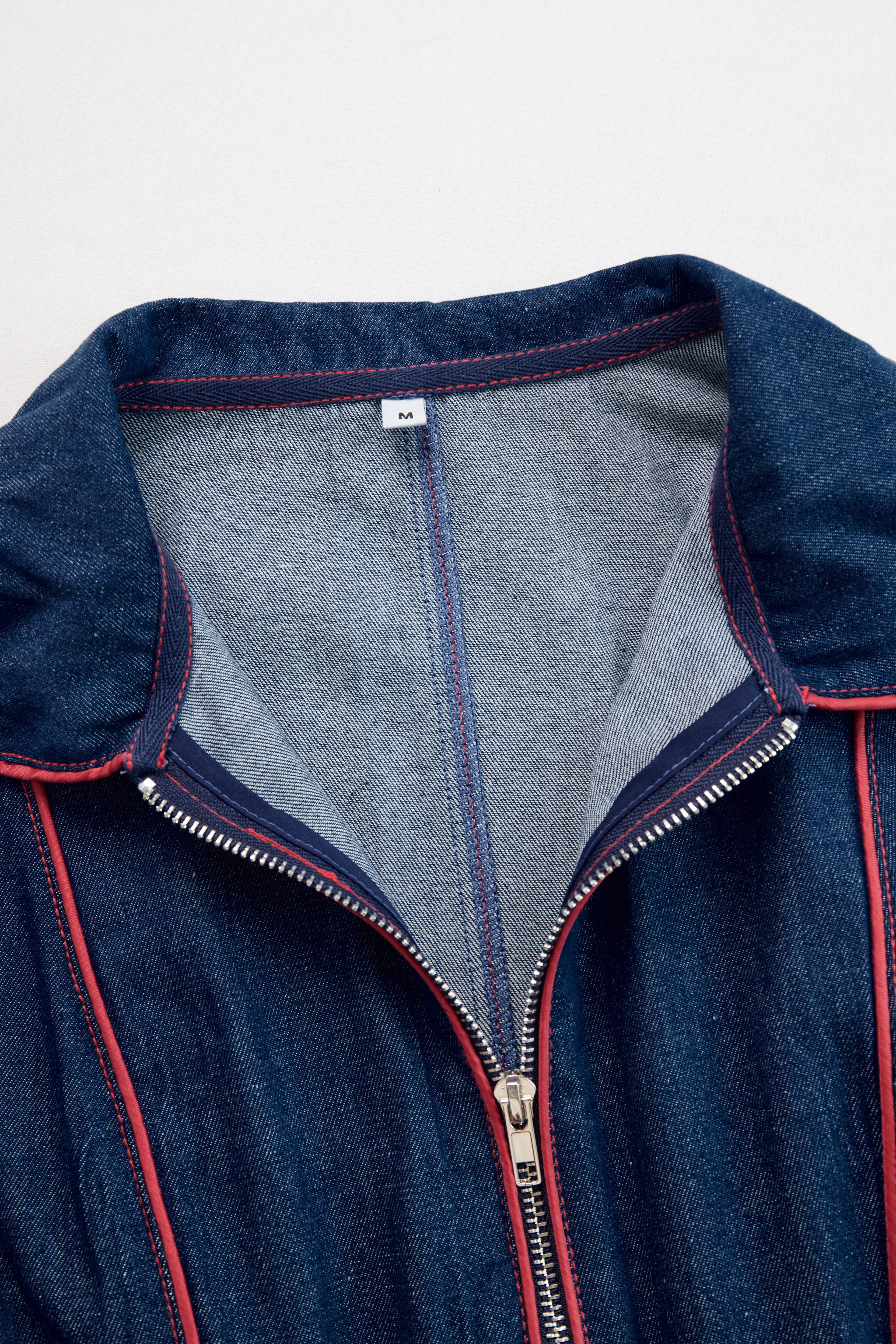 Women's Casual Loose Retro Denim Jumpsuit Lapel Red Topstitching Wide-Leg Sleeve Pocket – Blue