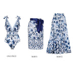 Women's V-Neck Lace-Up Floral Printed One-Piece Swimsuit & Long Skirt Set Tie Shoulder Beach Vacation Resort Pool Party Cruise Honeymoon – Blue & White