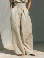 Women's Minimalist Cotton Linen Two-Piece Set Sleeveless Blouse Wide-Leg Pants Casual Chic – Beige