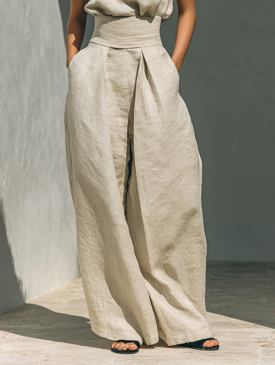 Women's Minimalist Cotton Linen Two-Piece Set Sleeveless Blouse Wide-Leg Pants Casual Chic – Beige