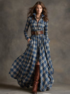 Women's Retro Ethnic Plaid Cowgirl Long Dress Lapel Belted Long Sleeve Casual Relaxed – Reddish Brown