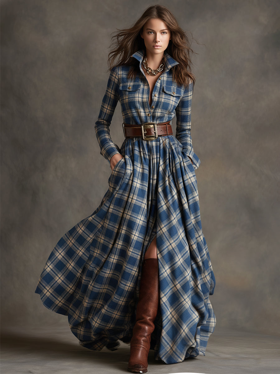Women's Retro Ethnic Plaid Cowgirl Long Dress Lapel Belted Long Sleeve Casual Relaxed – Reddish Brown