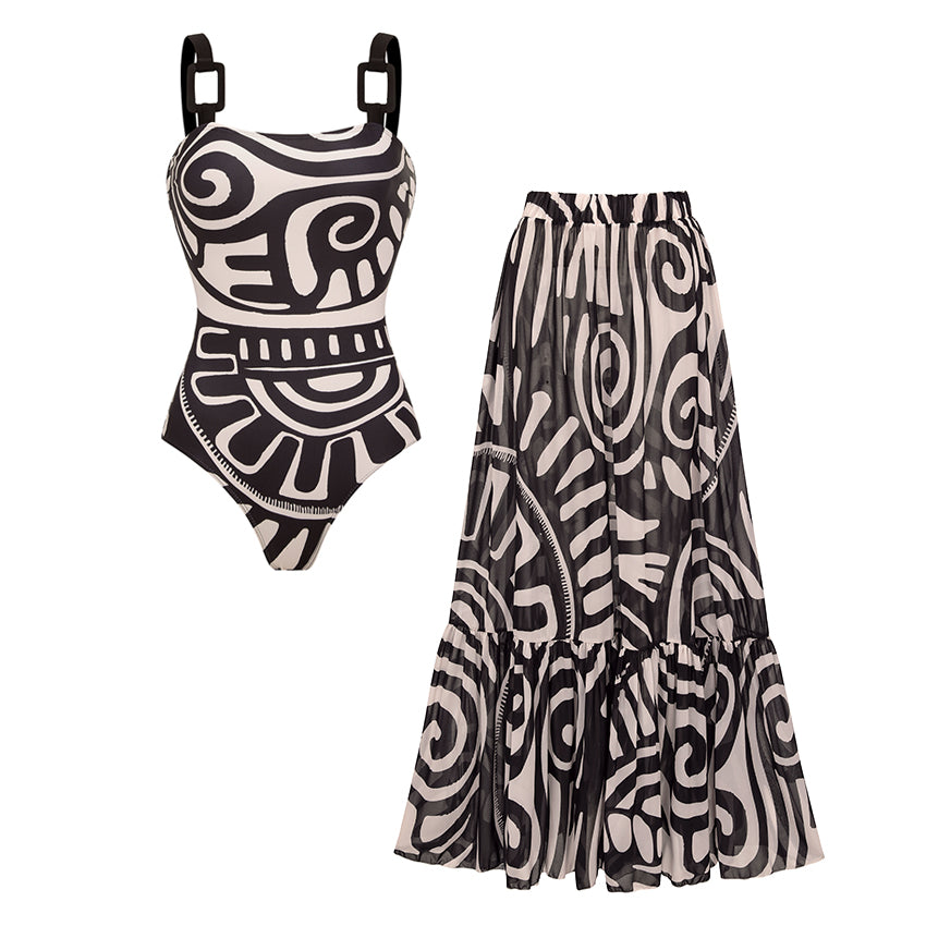 Women's Tribal Print One-Piece Swimsuit & Long Skirt Set Adjustable Straps Beach Vacation Pool Party Summer Resort – Black & White