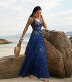 Women's Laser Cut Flower Hollow One-Piece Swimsuit with Cover Up Skirt V-Neck Elegant Beach Summer Swimwear – Navy Blue