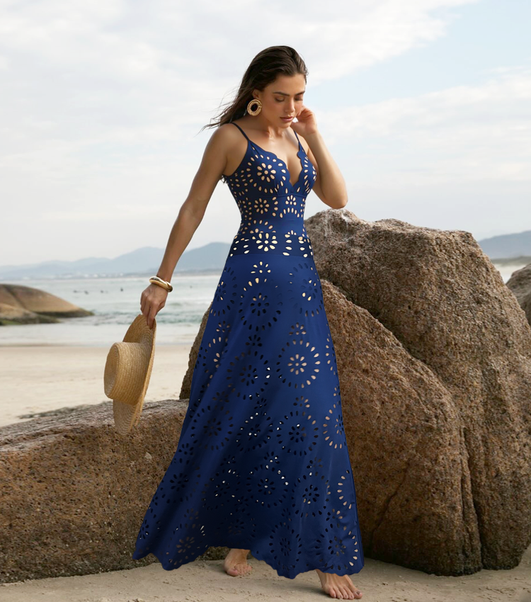 Women's Laser Cut Flower Hollow One-Piece Swimsuit with Cover Up Skirt V-Neck Elegant Beach Summer Swimwear – Navy Blue